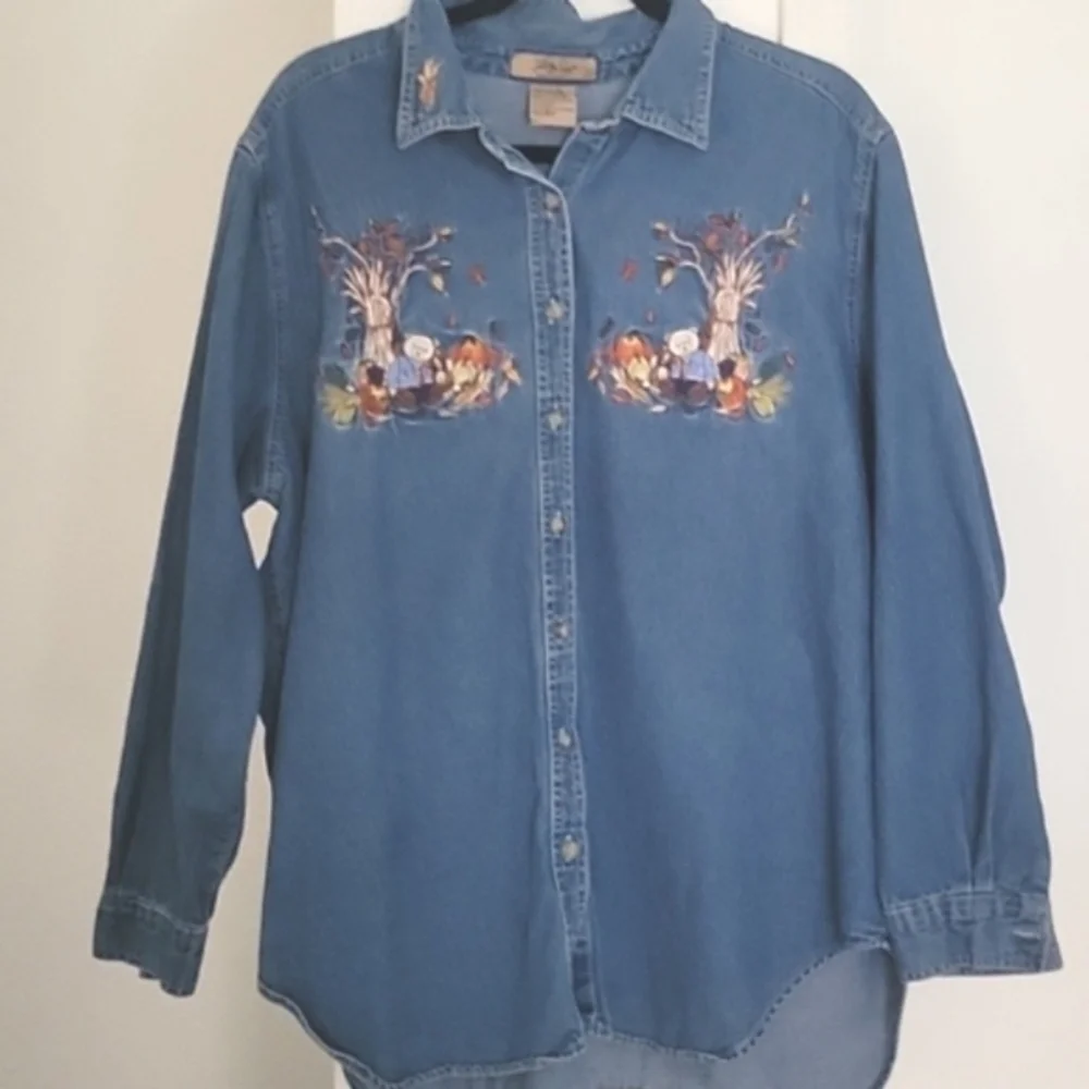 Fall Autumn Embroidered 18W 20W Chambray Denim Button-up Pumpkins Bears 90s Y2K - Picture 6 of 7